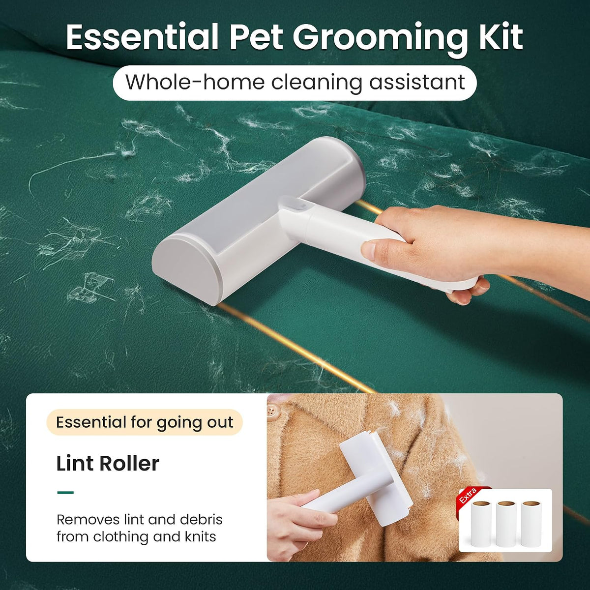 Pet Hair Removal Tool and Lint Roller Value Set, Sticky Lint Remover